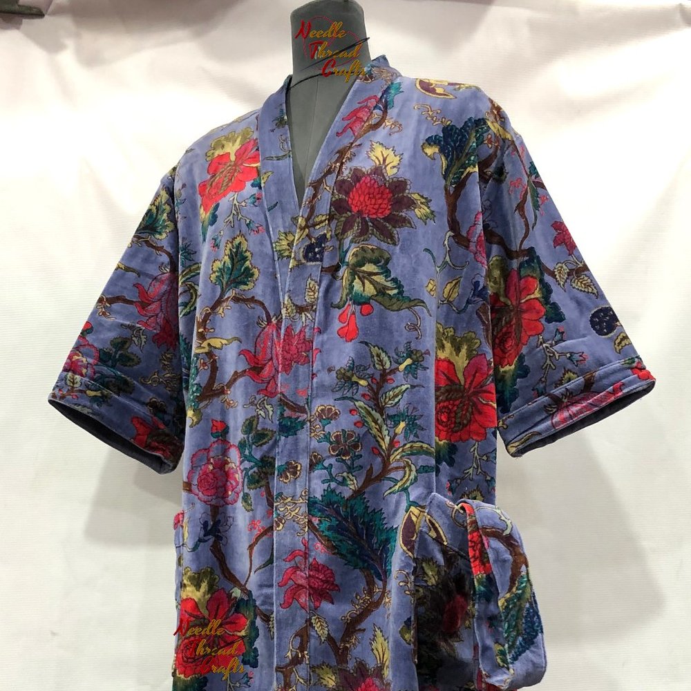Floral Print Velvet Kimono Luxury Jacket, Party Boho Robe Lounge Wear - Unisex - Picture 2 of 16